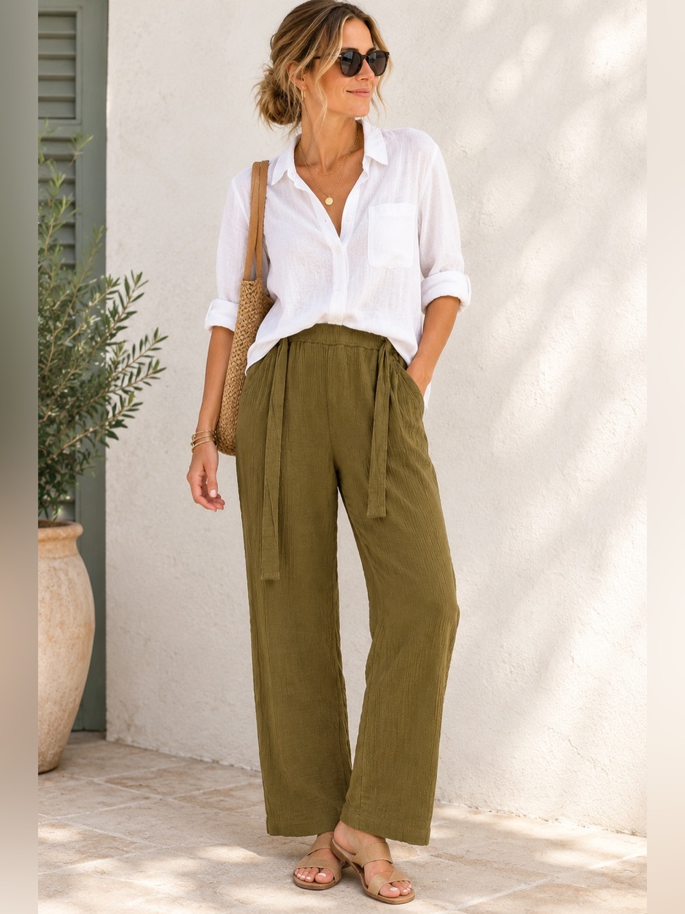 Garnet Hill Organic Cotton Gauze Pants Olive Green Wide Leg Pull On Casual XL